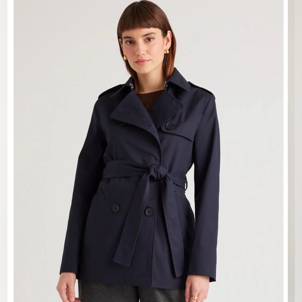 Quince Comfort Stretch Short Trench Coat luxe - size small - navy blue